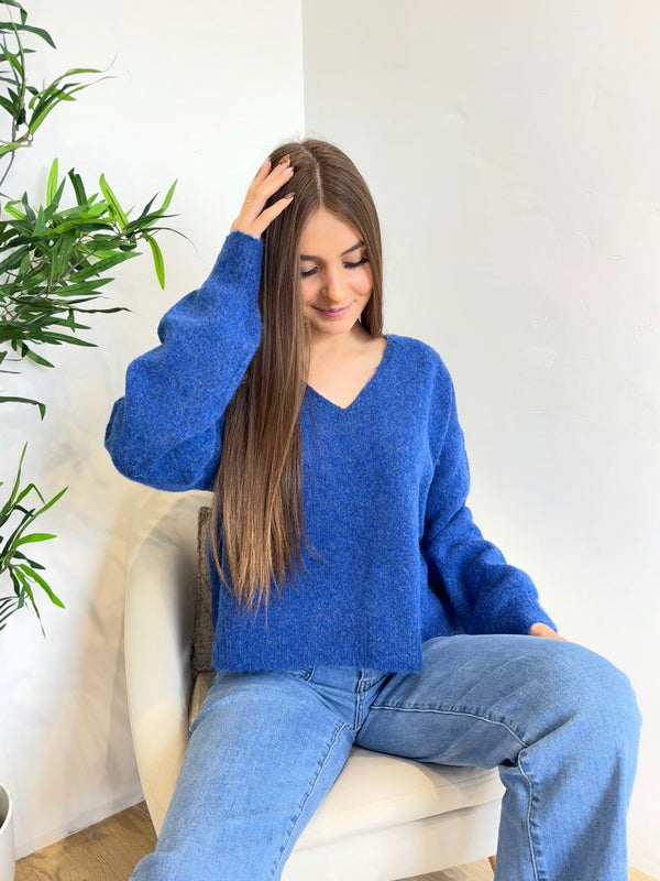 Pull bleu col V