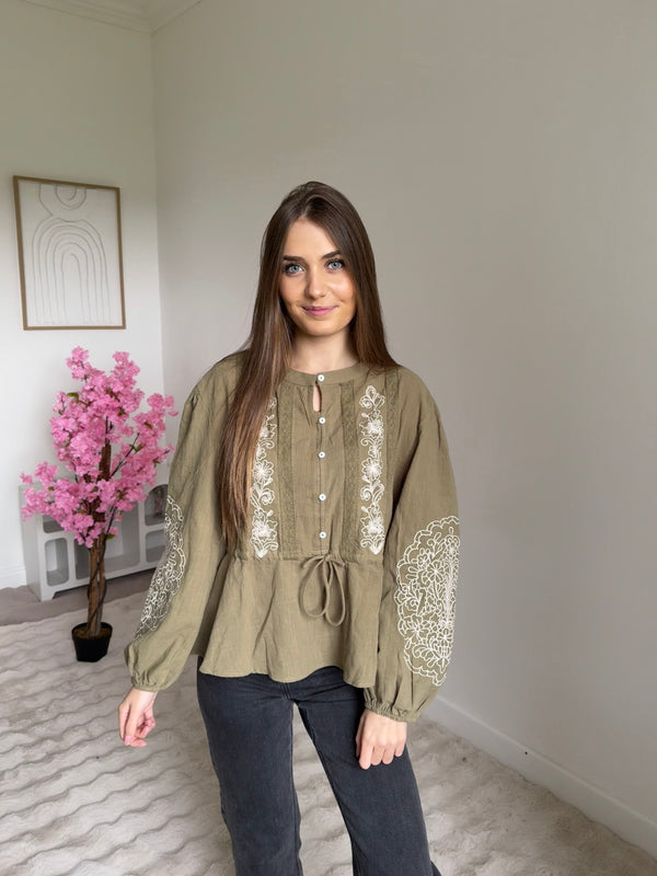 Blouse kaki à motif