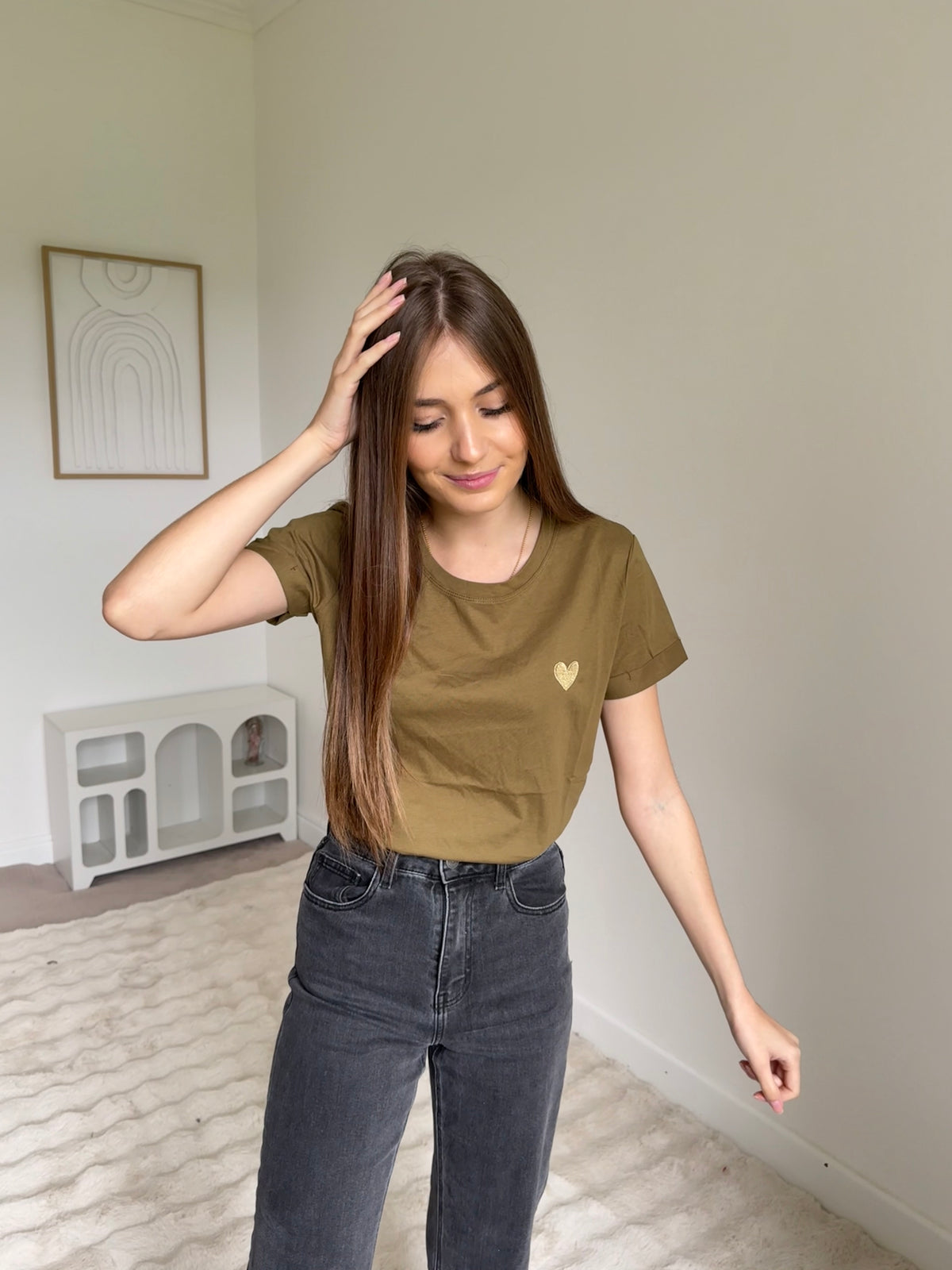 T-shirt cœur kaki 100% Coton